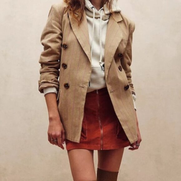 Free People Ashby Oversized Double Breasted Stripe Blazer Tan/Pink Size XS NWT - Picture 1 of 10